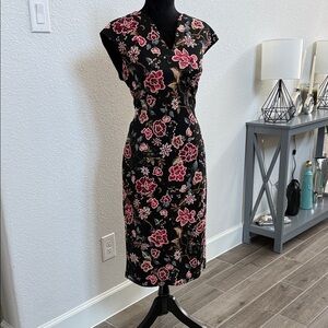 connected apparel Black Midi Dress with Pink Floral Print